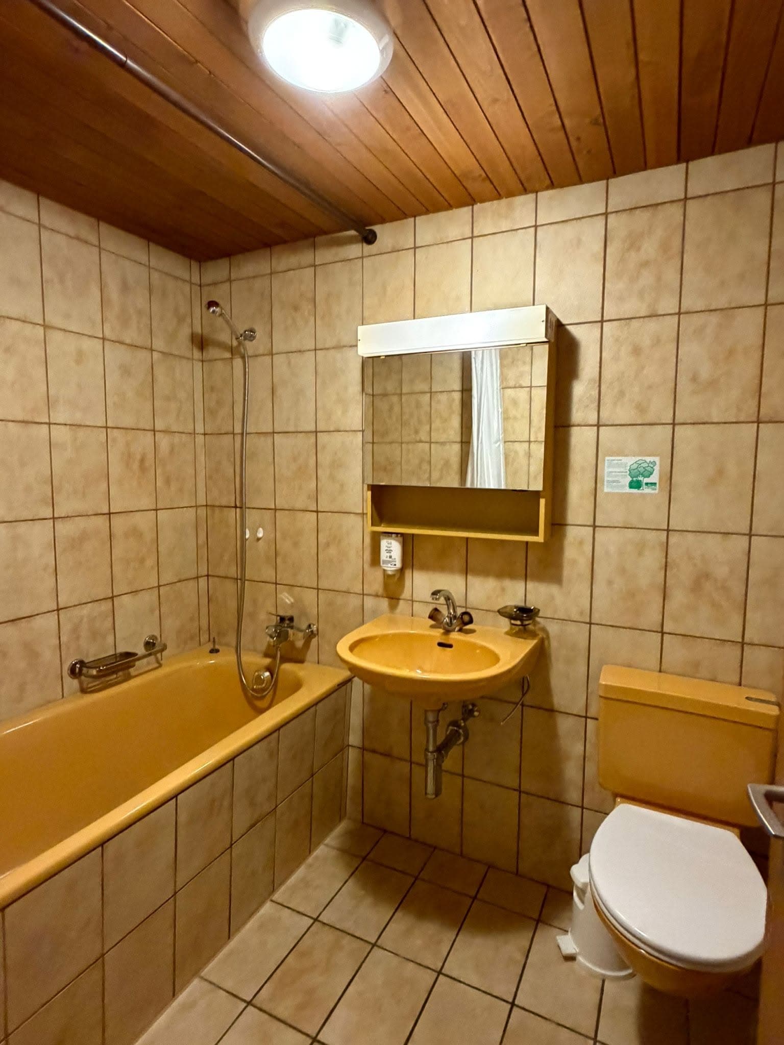 Existing tiled bathroom with a bathtub, basin and timber ceiling before refurbishment